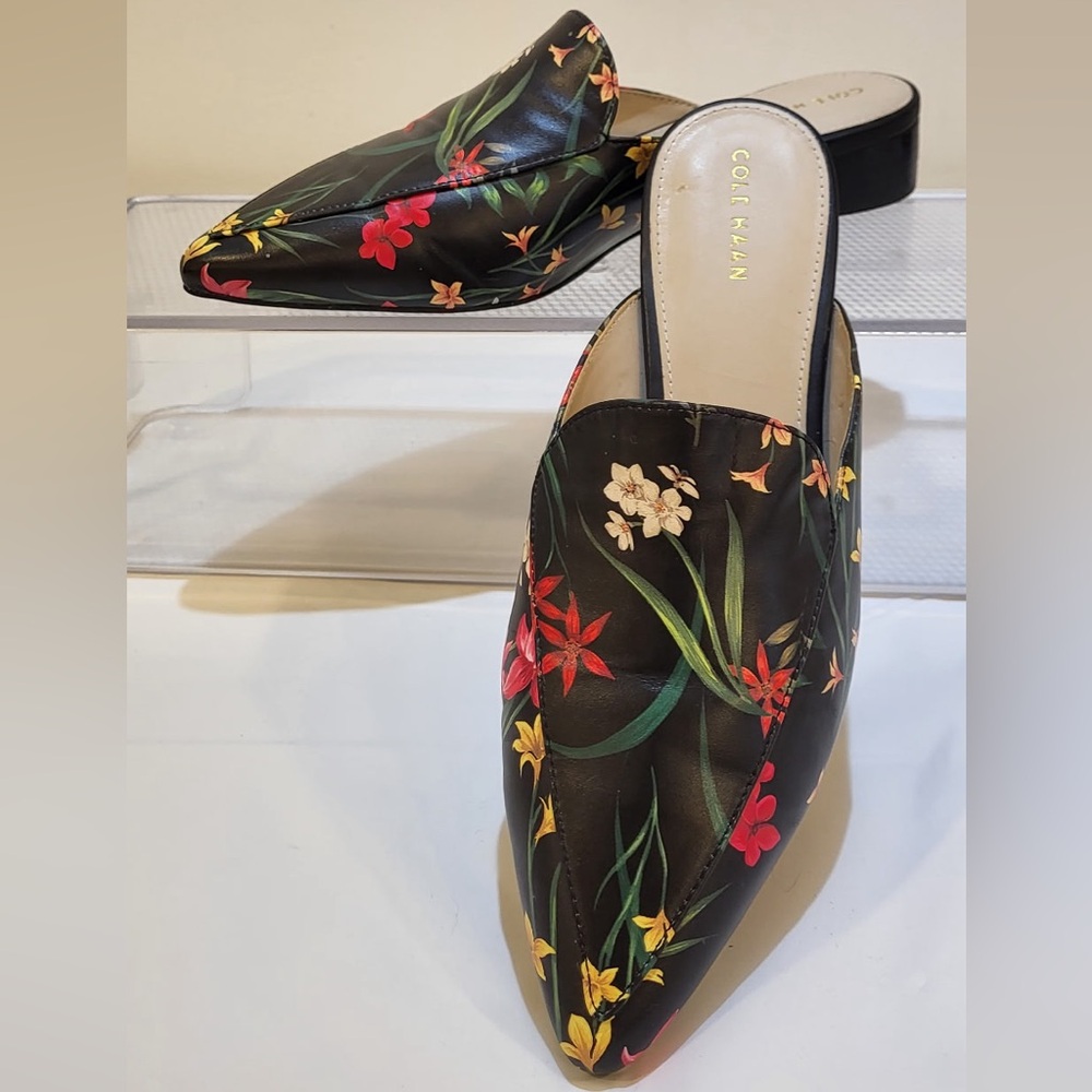 COLE HAAN Piper black floral leather loafer mules